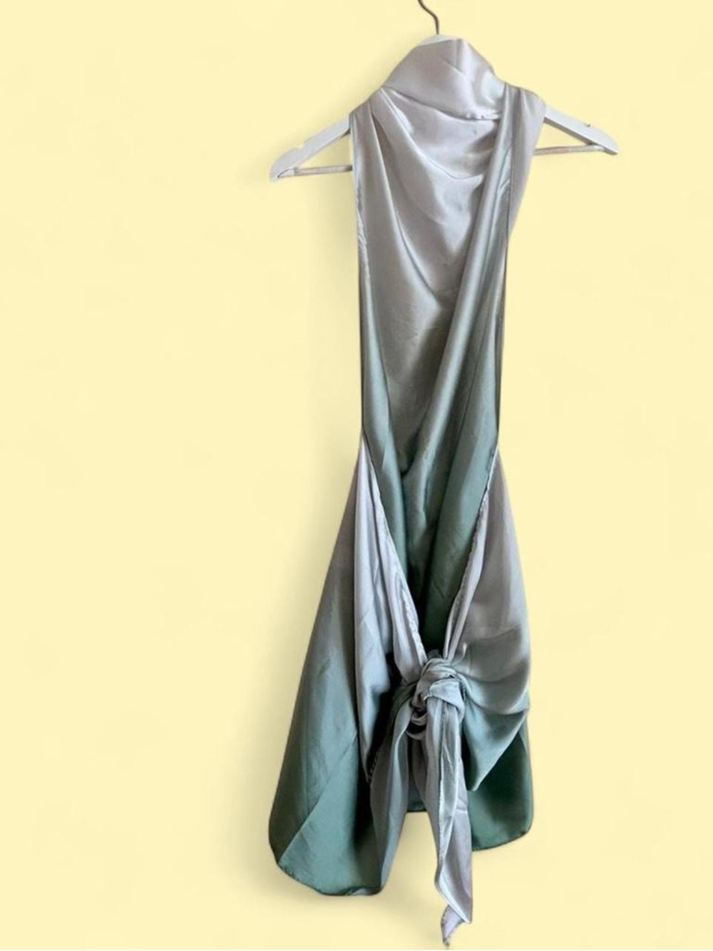 BAOBAB Providencia Silky Ombre Green-Gray Halter Dress with Knot Detail